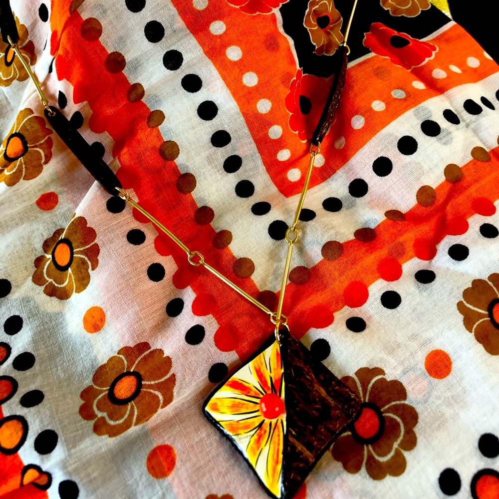Vintage Scarf AND 30” 1960’s Wood/ Flower Necklace
